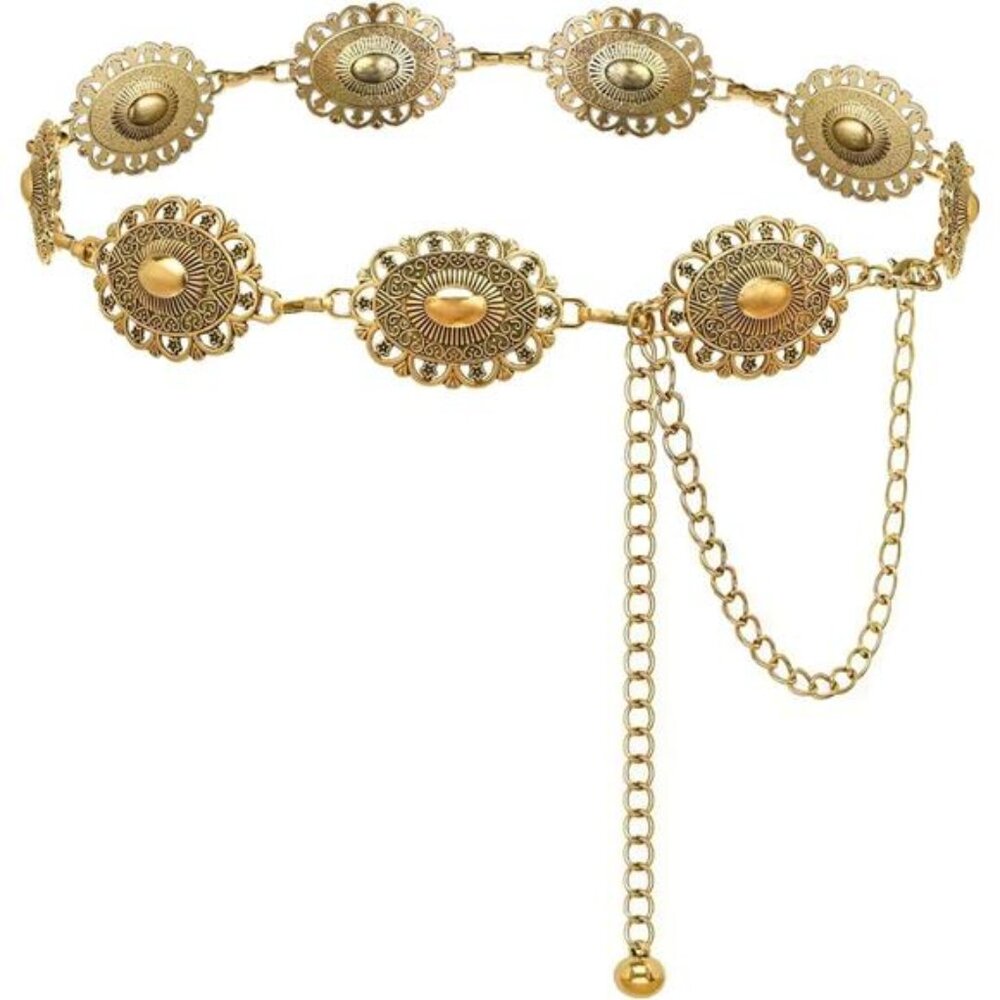 Western Concho Chain Belt Women Boho Metal Cowgirl Waist Belt Dresses Jeans